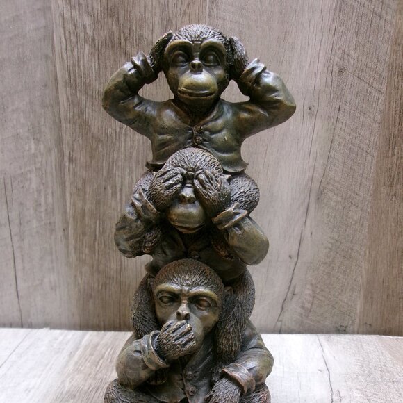HEAR-SEE-SPEAK No Evil monkeys in resin-Wise monkeys stacked 8" tall - Picture 1 of 6